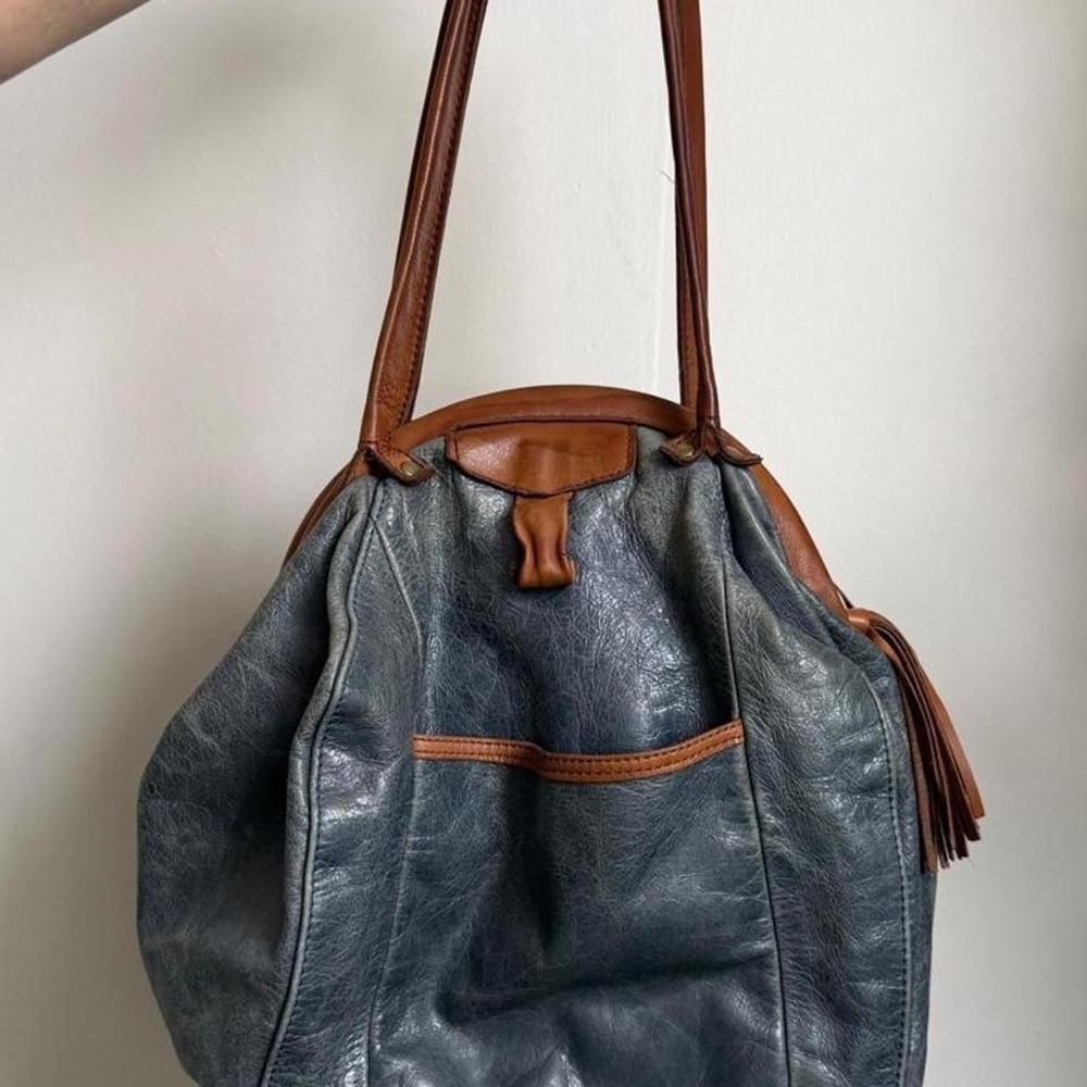 Blue Leather Bowling Bag Shoulder Bag Brown Leather Trim Polka Dot Liner Boho - Picture 6 of 8